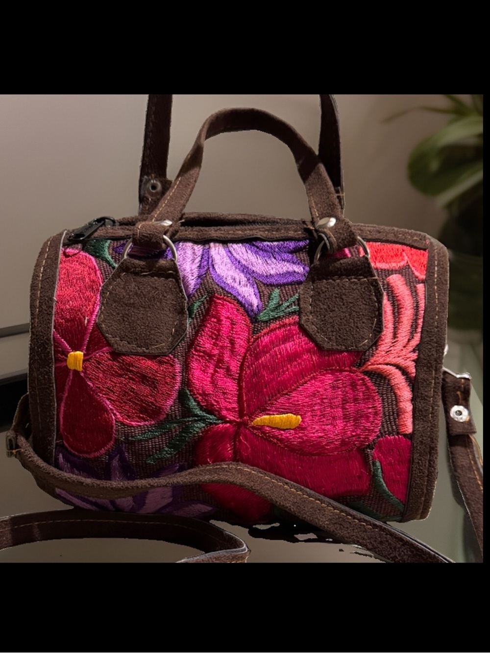 Hand-Embroidered Guatemala Floral Mini Satchel - Brown with Pink & Purple Flower